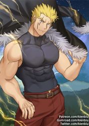 Rule 34 | 1boy, bara, bare arms, bare shoulders, blonde hair, covered abs, cowboy shot, facial hair, fairy tail, fur-trimmed jacket, fur trim, gumroad username, jacket, unworn jacket, kienbiu, large pectorals, laxus dreyar, male focus, muscular, paid reward available, patreon username, pectorals, shirt, short hair, sideburns, skin tight, sleeveless, sleeveless shirt, solo, spiked hair, taut clothes, taut shirt, thick thighs, thighs, twitter username