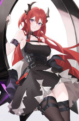 Rule 34 | 1girl, absurdres, arknights, armband, black dress, black thighhighs, breasts, cleavage, commentary, demon girl, dot nose, dress, frown, highres, infection monitor (arknights), large breasts, long hair, looking at viewer, purple eyes, raitho, red hair, simple background, solo, surtr (arknights), thighhighs, torn clothes, very long hair, white background