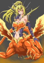 Rule 34 | 1girl, armlet, armpits, bare shoulders, blonde hair, bracelet, breasts, centauroid, claws, cleavage, clothing cutout, collarbone, commentary request, dragon, dragon girl, dragon horns, dragon tail, dragon wings, duel monster, elbow gloves, eyebrows hidden by hair, flying, full body, gloves, gradient background, hair between eyes, hand on own chin, high ponytail, horns, jewelry, looking down, navel, navel cutout, nib pen (medium), ozaneko, parted lips, queen dragun djinn, red eyes, sidelocks, tail, taur, traditional media, wings, yu-gi-oh!