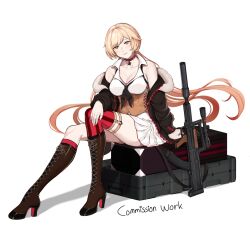Rule 34 | 1girl, assault rifle, black jacket, blonde hair, blush, boots, breasts, brown corset, brown footwear, bullpup, choker, cleavage, clothes pull, collarbone, corset, dress, full body, fur-trimmed jacket, fur trim, girls&#039; frontline, gun, high heel boots, high heels, highres, jacket, jacket pull, knee boots, long hair, long sleeves, looking at viewer, medium breasts, open mouth, ots-14 (girls&#039; frontline), ots-14 groza, parted lips, red choker, rifle, seilindekos, sitting, solo, star (symbol), strapless, strapless dress, suppressor, thighs, very long hair, weapon, white background, white dress, yellow eyes