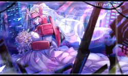 Rule 34 | 1girl, absurdres, aoi rena, autobot, blue eyes, bouquet, character name, dress, elita one, flower, gun, highres, holding, holding bouquet, holding gun, holding weapon, light smile, looking at viewer, solo, transformers, transformers: war for cybertron trilogy, weapon, wedding dress