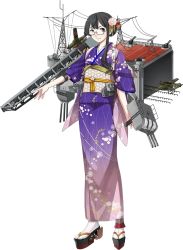 Rule 34 | &gt;:), 10s, 1girl, alternate hairstyle, black eyes, black hair, fujikawa, full body, glasses, hair ornament, hair up, japanese clothes, kantai collection, kimono, looking at viewer, machinery, official art, ooyodo (kancolle), smile, solo, tasuki, transparent background, turret, v-shaped eyebrows