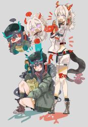 Rule 34 | !, ..., 2girls, alternate costume, arknights, beanie, black hair, blush, coat, colored skin, dragon girl, dragon horns, dragon tail, dusk (arknights), earrings, eastern dragon tail, flame-tipped tail, green coat, hat, highres, horns, jewelry, leg tattoo, long hair, multiple girls, nian (arknights), odmised, pink eyes, pointy ears, red eyes, siblings, sisters, spoken ellipsis, spoken exclamation mark, tail, tassel, tassel earrings, tattoo, white hair