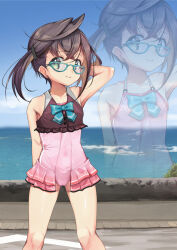 Rule 34 | 1girl, absurdres, adapted costume, aqua-framed eyewear, aqua bow, aqua bowtie, black hair, bow, bowtie, brown shirt, casual one-piece swimsuit, crop top, feet out of frame, glasses, green eyes, highres, kantai collection, multicolored hair, okinami (kancolle), okinami kai ni (kancolle), one-piece swimsuit, pink hair, pink one-piece swimsuit, shirt, short hair, side ponytail, sleeveless, sleeveless shirt, solo, swimsuit, swimsuit skirt, yashin (yasinz), zoom layer