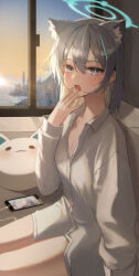 Rule 34 | 1girl, absurdres, animal-shaped pillow, apartment, blue archive, blue sky, blush, building, cellphone, chaerom, charging device, cityscape, clear sky, cloud, collarbone, collared shirt, cross hair ornament, fog, grey hair, hair ornament, halo, heterochromia, highres, indoors, long hair, looking at viewer, mismatched pupils, morning, no pants, ocean, open collar, open mouth, phone, shiroko (blue archive), shirt, sitting, sky, skyscraper, smartphone, solo, sunlight, teeth, upper teeth only, white shirt, window, yellow sky