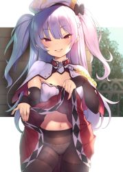 Rule 34 | 1girl, ajax (azur lane), azur lane, beret, capelet, clothes lift, hat, long hair, looking at viewer, panties, panties day, panties under pantyhose, pantyhose, pokachu, purple hair, red eyes, red skirt, skirt, skirt lift, smile, solo, two side up, underwear, white hat, white panties