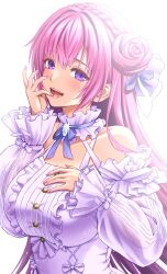 Rule 34 | 1girl, :d, blush, braid, breasts, detached sleeves, dorothy (nikke), dress, frilled dress, frills, goddess of victory: nikke, hair bun, hair ribbon, hand on own chest, highres, large breasts, long hair, looking at viewer, masatoshi 1219, nail polish, open mouth, pink hair, pink nails, purple eyes, purple ribbon, ribbon, smile, solo, white dress