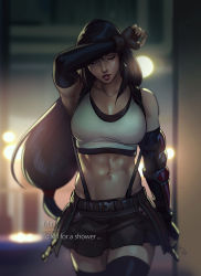 Rule 34 | 1girl, abs, arm guards, arm up, armpits, black hair, blurry, blurry background, breasts, cleavage, crop top, elbow gloves, english text, closed eyes, final fantasy, final fantasy vii, final fantasy vii remake, gloves, large breasts, long hair, low-tied long hair, midriff, navel, parted lips, pleated skirt, rennerei, skirt, solo, square enix, standing, stomach, subtitled, suspenders, tank top, tifa lockhart, toned, wiping forehead