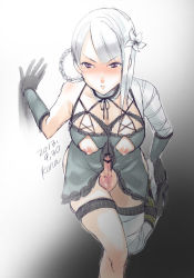 Rule 34 | 1girl, bandaged arm, bandages, belt, blush, bow, braid, breasts, dated, elbow gloves, erection, flower, frills, futanari, gloves, hair ornament, high heels, kaine (nier), kona (silent913), large breasts, lingerie, long legs, narrow waist, negligee, newhalf, nier, nier (series), nippleless clothes, nipples, panties, penis, purple eyes, ribbon, shoes, short hair, solo, standing, testicles, thigh strap, thighhighs, underwear, white hair, white panties