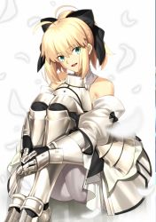 Rule 34 | 1girl, :d, ahoge, armor, armored boots, armored dress, artoria pendragon (all), artoria pendragon (fate), black bow, blonde hair, boots, bow, chietori, dress, fate/unlimited codes, fate (series), feathers, gauntlets, green eyes, hair between eyes, hair bow, head tilt, hugging own legs, looking at viewer, open mouth, pantyhose, saber lily, short hair with long locks, sidelocks, simple background, sitting, sleeveless, sleeveless dress, smile, solo, thigh boots, thighhighs, white background, white dress, white feathers, white thighhighs