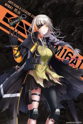 Rule 34 | 1girl, absurdres, artist name, assault rifle, black gloves, black skirt, braid, breasts, cloak, expressionless, eyepatch, flashbang, girls&#039; frontline, gloves, gun, hand up, highres, holding, holding weapon, huge filesize, jacket, knee pads, large breasts, less-than-lethal weapon, long hair, long sleeves, looking at viewer, m16, m16a1, m16a1 (boss) (girls&#039; frontline), m16a1 (girls&#039; frontline), magazine (weapon), mole, mole under eye, multicolored hair, muzent, necktie, orange hair, pleated skirt, rheinmetall 9-bang stun grenade, rifle, sangvis ferri, scar, shirt, sidelocks, single braid, single leg pantyhose, skirt, solo, streaked hair, stun grenade, thigh strap, torn cloak, torn clothes, tossing, untucked shirt, weapon, white hair, yellow eyes, yellow shirt