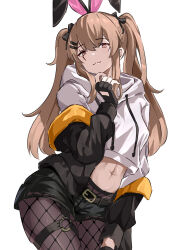 Rule 34 | 1girl, :3, animal ears, belt, black gloves, black jacket, black ribbon, black shorts, brown hair, closed mouth, commentary, cropped hoodie, fake animal ears, finger to own chin, fingerless gloves, fishnet pantyhose, fishnets, girls&#039; frontline, gloves, hair between eyes, hair ornament, hair ribbon, highres, hood, hoodie, jacket, long hair, looking at viewer, midriff, mutugorou u, o-ring, o-ring thigh strap, off shoulder, pantyhose, rabbit ears, red eyes, ribbon, scar, scar across eye, scar on face, short shorts, shorts, simple background, smile, solo, thigh strap, twintails, ump9 (girls&#039; frontline), white background, white hoodie