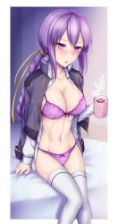 Rule 34 | 1girl, :o, blush, bra, braid, braided ponytail, breasts, cleavage, collarbone, commentary request, cropped jacket, cup, eltnum, hair ribbon, highres, holding, holding cup, jacket, jacket on shoulders, large breasts, light particles, long sleeves, looking at viewer, melty blood, midriff, mug, navel, on bed, open clothes, open jacket, open shirt, panties, pink bra, pink panties, purple eyes, purple hair, ribbon, ribbon-trimmed bra, ribbon-trimmed panties, shirt, sidelocks, sion eltnam atlasia, sitting, soukitsu, sunlight, thighhighs, tsukihime, twitter username, unbuttoned, unbuttoned shirt, under night in-birth, underwear, white shirt, white thighhighs