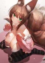 Rule 34 | 1girl, animal ear fluff, animal ears, bare shoulders, black thighhighs, blush, breasts, brown hair, collarbone, commission, fox ears, fox tail, from above, green eyes, highres, large breasts, long hair, long sleeves, looking at viewer, multiple tails, nipples, original, plushmallow, shadow, shirt, side ponytail, sitting, skeb commission, solo, striped clothes, striped thighhighs, tail, thighhighs, wariza, west 24, white shirt