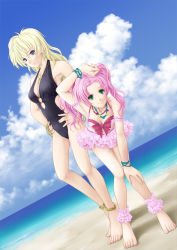 Rule 34 | 2girls, ankle cuffs, ankle garter, anklet, aritani mahoro, arm garter, barefoot, beach, blonde hair, blue eyes, day, dutch angle, frills, green eyes, highres, jewelry, leaning forward, long hair, multiple girls, necklace, one-piece swimsuit, original, pink hair, swimsuit, twintails