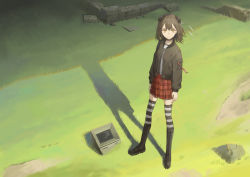Rule 34 | 1girl, absurdres, bad id, bad pixiv id, black choker, black footwear, black jacket, black thighhighs, boots, brown eyes, brown hair, brown skirt, choker, closed mouth, commentary request, crt, expressionless, full body, grass, highres, huge filesize, jacket, knee boots, long sleeves, looking at viewer, medium hair, original, outdoors, plaid, plaid skirt, rock, ruins, shadow, shirt, skirt, solo, standing, striped clothes, striped thighhighs, subfiction, thighhighs, white shirt, white thighhighs