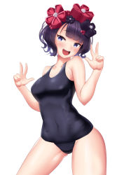 Rule 34 | 1girl, black hair, breasts, dearonnus, fate/grand order, fate (series), flower, hair flower, hair ornament, highres, katsushika hokusai (fate), medium breasts, one-piece swimsuit, open mouth, school swimsuit, short hair, simple background, solo, swimsuit, white background