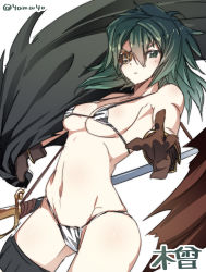 Rule 34 | 10s, 1girl, bikini, breasts, brown gloves, cape, eyepatch, gloves, green hair, highres, kantai collection, kiso (kancolle), kiso kai ni (kancolle), looking at viewer, simple background, solo, standing, super zombie, swimsuit, sword, weapon, white background