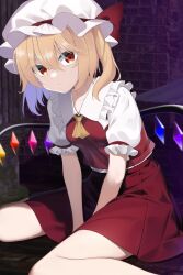 Rule 34 | 1girl, absurdres, ascot, between legs, closed mouth, crystal, flandre scarlet, hand between legs, hat, hat ribbon, highres, looking at viewer, mob cap, one side up, red eyes, red ribbon, red skirt, red vest, ribbon, shirt, short hair, short sleeves, sitting, skirt, solo, touhou, v arms, vest, wariza, white hat, white shirt, wings, wottosei, yellow ascot