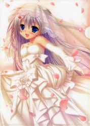 Rule 34 | 1girl, :d, absurdres, aoi yachiho, armpits, bare shoulders, blue eyes, blush, braid, bridal gauntlets, bridal veil, chikotam, d:, dress, elbow gloves, f&amp;c, gloves, hair ornament, hairpin, highres, koi imo sweet days, looking at viewer, open mouth, outstretched arm, petals, purple hair, rose petals, see-through, smile, tareme, veil, wedding dress, white dress