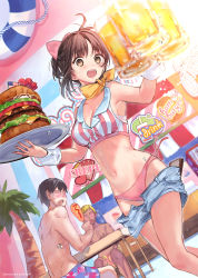 Rule 34 | 1girl, 2boys, @ @, absurdres, ahoge, alcohol, american flag, armpits, bare arms, bare shoulders, beer, bikini, bikini day, black hair, blonde hair, bow, breasts, brown eyes, brown hair, burger, cleavage, commentary request, corn dog, cup, denim, denim shorts, doukyuusei (hanekoto), drinking glass, faceless, faceless male, food, hair bow, handkerchief, hanekoto, highres, holding, holding tray, large breasts, looking at viewer, mini flag, multiple boys, navel, open fly, open mouth, original, oversized food, oversized object, pink bikini, pink bow, short hair, short shorts, shorts, side-tie bikini bottom, solo focus, standing, stomach, striped bikini, striped clothes, sweat, swimsuit, thighs, tray, untied bikini, vertical stripes, waitress, wing collar, wrist cuffs