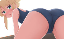 Rule 34 | 1girl, absurdres, artist name, ass, bad id, bad pixiv id, bare shoulders, bent over, blonde hair, blush, green eyes, highres, himesaka noa, looking at viewer, one-piece swimsuit, open mouth, poa mellhen, simple background, solo, swimsuit, thighs, watashi ni tenshi ga maiorita!, white background