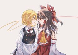 Rule 34 | 2girls, absurdres, apron, ascot, back bow, black vest, blonde hair, bow, bowtie, braid, brown hair, collared shirt, commentary request, detached sleeves, eye contact, frilled bow, frilled hair tubes, frills, hair bow, hair tubes, hakurei reimu, highres, kirisame marisa, kyarin (c arin1012), long hair, long sleeves, looking at another, multiple girls, no headwear, open mouth, red bow, red bowtie, red eyes, red skirt, shirt, side braid, single braid, skirt, skirt set, smile, touhou, vest, waist apron, white apron, white bow, white shirt, yellow eyes, yuri