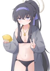 Rule 34 | 1girl, bags under eyes, bikini, black bikini, black hair, blue archive, blue hairband, blush, breasts, cardigan, closed mouth, collarbone, cowboy shot, crossed bangs, food, fruit, grey cardigan, hair between eyes, hairband, halo, highres, holding, holding food, jewelry, lemon, long hair, long sleeves, looking at viewer, mizusaki (kn27), navel, necklace, o-ring, off shoulder, open clothes, ponytail, purple eyes, ribbon, sidelocks, simple background, sleeves past wrists, small breasts, solo, sweatdrop, swimsuit, ui (blue archive), ui (swimsuit) (blue archive), v, very long hair, white background