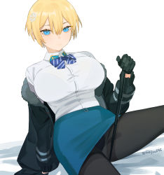 Rule 34 | 1girl, baton (weapon), beijuu, black gloves, black jacket, black pantyhose, blonde hair, blue bow, blue bowtie, blue eyes, blue skirt, bow, bowtie, bra visible through clothes, breasts, closed mouth, collared shirt, cowboy shot, expandable baton, fur-trimmed jacket, fur trim, girls&#039; frontline, gloves, hair ornament, holding, holding weapon, jacket, jacket partially removed, large breasts, long sleeves, looking at viewer, mole, mole under eye, panties, panties under pantyhose, pantyhose, pantyshot, pencil skirt, shirt, shirt tucked in, short hair, sidelocks, simple background, sitting, skirt, snowflake hair ornament, solo, striped bow, striped bowtie, striped clothes, striped neckwear, taut clothes, twitter username, underwear, vsk-94 (girls&#039; frontline), weapon, white background, white shirt