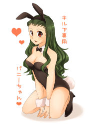 Rule 34 | 1girl, :3, animal ears, bare legs, bow, bowtie, breasts, cleavage, detached collar, fake animal ears, full body, genderswap, genderswap (mtf), gon freecss, heart, high heels, hunter x hunter, leotard, long hair, looking at viewer, nipple slip, nipples, playboy bunny, rabbit ears, rabbit tail, red eyes, rinrin hisashi, shoes, simple background, smile, solo, tail, white background, wrist cuffs