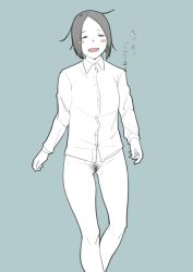 Rule 34 | 1girl, blue background, blush stickers, bottomless, female focus, female pubic hair, highres, monochrome, open mouth, original, pubic hair, shimokori, shirt, simple background, sleepy, solo, spot color