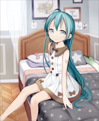 Rule 34 | 1girl, ahoge, alternate costume, aqua eyes, aqua hair, arms at sides, bed, bedroom, dress, hair down, hatsune miku, highres, indoors, kari kenji, long hair, looking at viewer, musical note, number tattoo, picture frame, sitting, solo, spring onion, star (symbol), star print, tattoo, very long hair, vocaloid