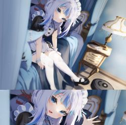 Rule 34 | 1girl, ao-chan (ninomae ina&#039;nis), bed, bloop (gawr gura), blue eyes, blue hair, blue nails, blush, closed mouth, commentary request, fang, fins, fish tail, gawr gura, highres, hololive, hololive english, lamp, maid, maid headdress, multicolored hair, nail polish, on bed, parted lips, pillow, ponnu (nikeytina), robotic vacuum cleaner, shadow, shark tail, silver hair, sitting, skin fang, streaked hair, tail, virtual youtuber