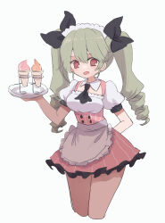 Rule 34 | 1girl, alternate costume, anchovy (girls und panzer), apron, arm behind back, ascot, black ascot, black ribbon, collar, cowboy shot, detached collar, dress, drill hair, frilled apron, frilled dress, frills, frown, gelato (food), girls und panzer, green hair, hair ribbon, highres, holding, holding tray, long hair, looking at viewer, maid headdress, open mouth, pink dress, puffy short sleeves, puffy sleeves, red eyes, ri (qrcode), ribbon, short dress, short sleeves, simple background, solo, standing, striped clothes, striped dress, tray, twin drills, twintails, vertical-striped clothes, vertical-striped dress, waist apron, waitress, white apron, white background, white collar, wing collar