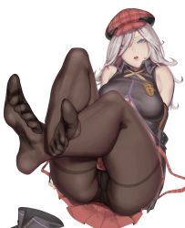 Rule 34 | 1girl, absurdres, alisa ilinichina amiella, black footwear, black pantyhose, blue eyes, boots, breasts, cabbie hat, commentary, eyebrows hidden by hair, feet, full body, god eater, hat, highres, kumiko shiba, large breasts, long hair, looking at viewer, open mouth, pantyhose, plaid, plaid skirt, red hat, silver hair, simple background, sitting, skirt, sleeveless, suspender skirt, suspenders, underboob, unworn boots, white background