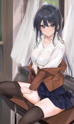 Rule 34 | 1girl, black hair, black pantyhose, blouse, blue skirt, blush, bra visible through clothes, breasts, brown jacket, clothes pull, collarbone, collared shirt, curtains, desk, dress shirt, hair ornament, hairclip, highres, jacket, jacket partially removed, large breasts, long hair, looking at viewer, mexif, on desk, pantyhose, pantyhose pull, pleated skirt, purple eyes, sakurajima mai, school uniform, see-through, see-through shirt, seishun buta yarou, shirt, sitting, skirt, solo, thighs, undressing, white shirt, window
