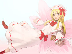 Rule 34 | 1girl, blonde hair, bow, bowtie, capelet, commentary, dress, full body, hat, highres, kakone, lily white, long hair, long sleeves, looking at viewer, open mouth, pink wings, red bow, red bowtie, red footwear, solo, touhou, white background, white capelet, white dress, wings
