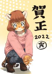 Rule 34 | 1girl, 2022, animal ears, blue pants, blunt bangs, bob cut, boots, brown footwear, brown hair, chinese zodiac, denim, furry, furry female, gradient background, green eyes, halftone, halftone background, highres, jeans, looking at viewer, original, own hands clasped, own hands together, pants, pink sweater, smile, solo, squatting, sweater, tail, tareme, tiger ears, tiger girl, tiger tail, yanamosuda, year of the tiger, yellow background