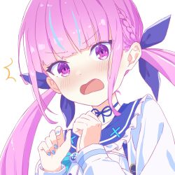 Rule 34 | 1girl, anchor symbol, angry, blue nails, bow, choker, cino (amairoka), highres, hololive, jacket, looking at viewer, minato aqua, minato aqua (sailor), open mouth, pink eyes, sailor collar, school uniform, solo, twintails, virtual youtuber, white background, white jacket