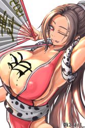 Rule 34 | 1girl, 2021, absurdres, areola slip, arm up, armpits, breasts, brown hair, fatal fury, highres, huge breasts, large areolae, large breasts, long hair, one eye closed, red eyes, shiranui mai, smile, solo, tongue, tongue out