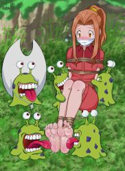 Rule 34 | 1girl, barefoot, blush, digimon, digimon (creature), digimon adventure, feet, feet together, foot focus, foot worship, gag, gagged, hat, helpless, licking foot, monster, numemon, outdoors, red eyes, saliva, shadow xcp, signature, soles, tachikawa mimi, tearing up, tears, toenails, toes, worried