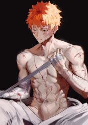 Rule 34 | 1boy, absurdres, bandages, black background, closed mouth, emiya shirou, fate (series), highres, muscular, navel, orange hair, reon (98109reon), scar, short hair, simple background, solo, yellow eyes