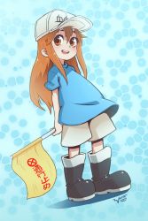 Rule 34 | 1girl, :d, artist name, black footwear, blue background, blue shirt, boots, brown eyes, flag, flat cap, full body, hat, hataraku saibou, holding, holding flag, long hair, looking at viewer, open mouth, platelet (hataraku saibou), shirt, short sleeves, shorts, simple background, smile, solo, specterwhite, standing, white hat