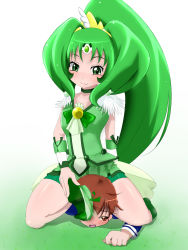 Rule 34 | 10s, 1boy, 1girl, blush, bow, choker, cure march, femdom, gradient background, green bow, green eyes, green hair, highres, long hair, magical girl, midorikawa nao, ponytail, precure, puii, shoes, unworn shoes, smell, smelling, smile precure!