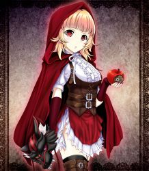 Rule 34 | 1girl, apple, black thighhighs, blonde hair, brown thighhighs, chestnut mouth, corset, cross-laced clothes, elbow gloves, fingerless gloves, food, frills, fruit, gears, gloves, highres, holding, holding food, holding fruit, looking at viewer, mask, unworn mask, original, red eyes, red gloves, red hood, red robe, robe, short sleeves, solo, standing, thighhighs, tk8d32, wolf mask