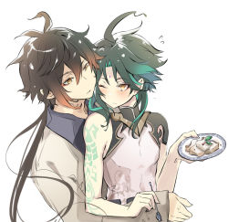 Rule 34 | 2boys, ahoge, arm tattoo, bare shoulders, black hair, blush, brown hair, closed mouth, collared shirt, facial mark, food, forehead mark, genshin impact, gradient hair, green hair, hair between eyes, hesobellyb, holding, holding plate, holding spoon, hug, long hair, male focus, multicolored hair, multiple boys, one eye closed, open mouth, parted bangs, plate, shirt, simple background, sleeveless, spoon, sweat, tattoo, utensil, white background, xiao (genshin impact), yellow eyes, zhongli (genshin impact)