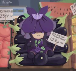 Rule 34 | absurdres, artist name, corn, covered eyes, dress, duhota, eggplant, flower, flower on head, food, fruit, fumo (doll), grape print, highres, melon, melon slice, no humans, orchid, purple dress, purple flower, russian text, smile, tomato, touhou, vine print, weighing scale, yomotsu hisami