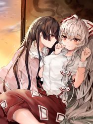 Rule 34 | 2girls, adapted costume, all fours, arms up, blush, breasts, brown hair, cloud, commentary, feet out of frame, fujiwara no mokou, hair ribbon, hand on own face, highres, hiiro60, hime cut, houraisan kaguya, large breasts, leaning back, long hair, long sleeves, looking at another, looking away, multiple girls, ofuda, orange sky, pants, pink shirt, ponytail, red eyes, red pants, red skirt, ribbon, screen, shirt, short sleeves, silver hair, sitting, skirt, sky, smile, suspenders, suspenders slip, touhou, twilight, very long hair, white shirt, wrist cuffs, yuri