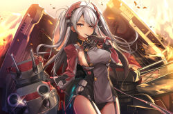 Rule 34 | 1girl, antenna hair, azur lane, blush, breasts, brown eyes, cannon, clothing cutout, commentary request, cross, evening, finger to mouth, floating hair, garter straps, hair between eyes, headgear, iron cross, large breasts, long hair, looking at viewer, machinery, mole, mole on breast, multicolored hair, outdoors, parted lips, prinz eugen (azur lane), red hair, rigging, side cutout, sideboob, sidelocks, silver hair, smile, solo, sparkle, streaked hair, thighs, turret, two side up, very long hair, wide sleeves, wind, yuuki yuu