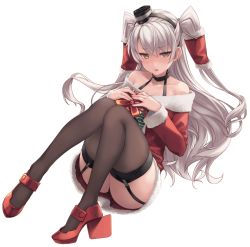 Rule 34 | 1girl, amatsukaze (kancolle), box, christmas, collarbone, dress, fur-trimmed dress, fur trim, garter straps, gift, gift box, hair tubes, highres, kantai collection, long hair, off shoulder, red dress, rokuwata tomoe, short dress, silver hair, simple background, thighhighs, thighs, two side up, white background, yellow eyes